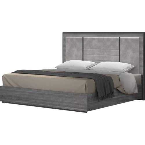 Blade Queen Bed in Gloss Grey, Grey Fabric, Black Metal & LED